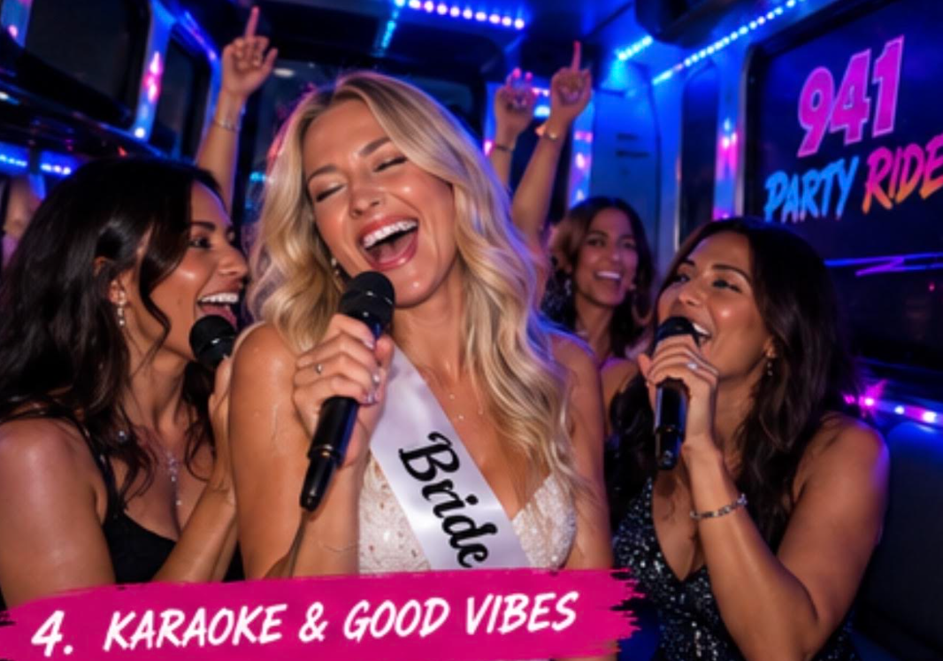 Bride and friends singing karaoke together