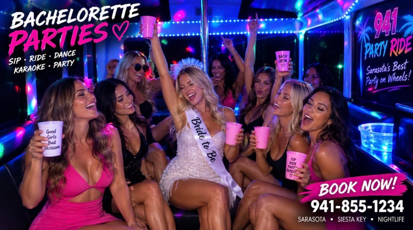 Bachelorette party on the 941 Party Ride bus - LED lights, dance pole, and the whole crew celebrating